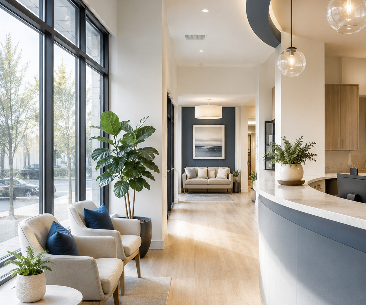 Bright, welcoming reception and waiting area at Sapphire Family Dental in Eden Prairie, MN